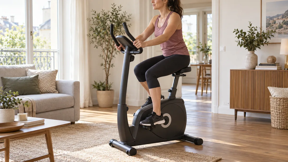 Femme pédalant 30 minutes par jour sur un vélo d'appartement dans son salon