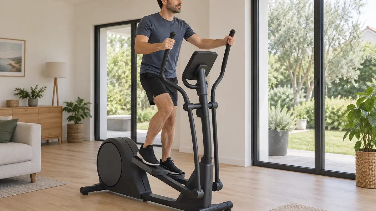 Homme faisant 30 minutes de vélo elliptique par jour à la maison