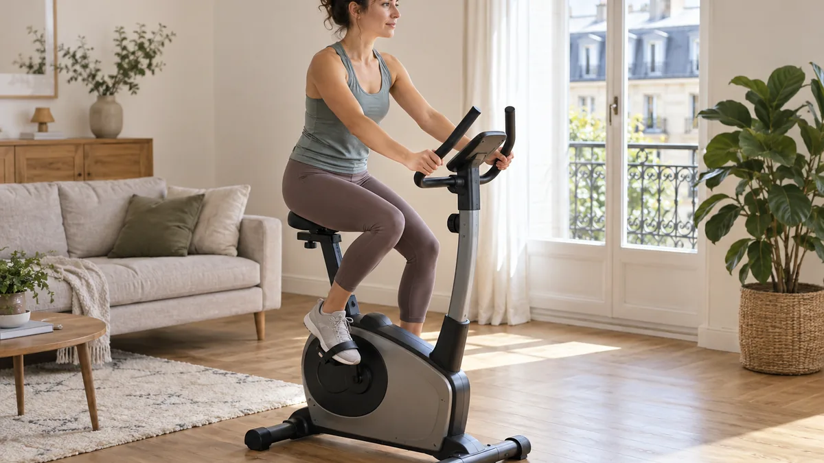 Femme pédalant sur un vélo d'appartement dans son salon pour profiter des bienfaits du cardio à domicile