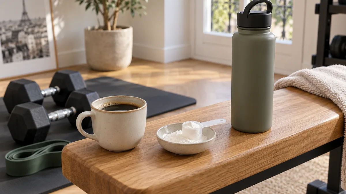 Café, créatine monohydrate et gourde près de matériel de musculation