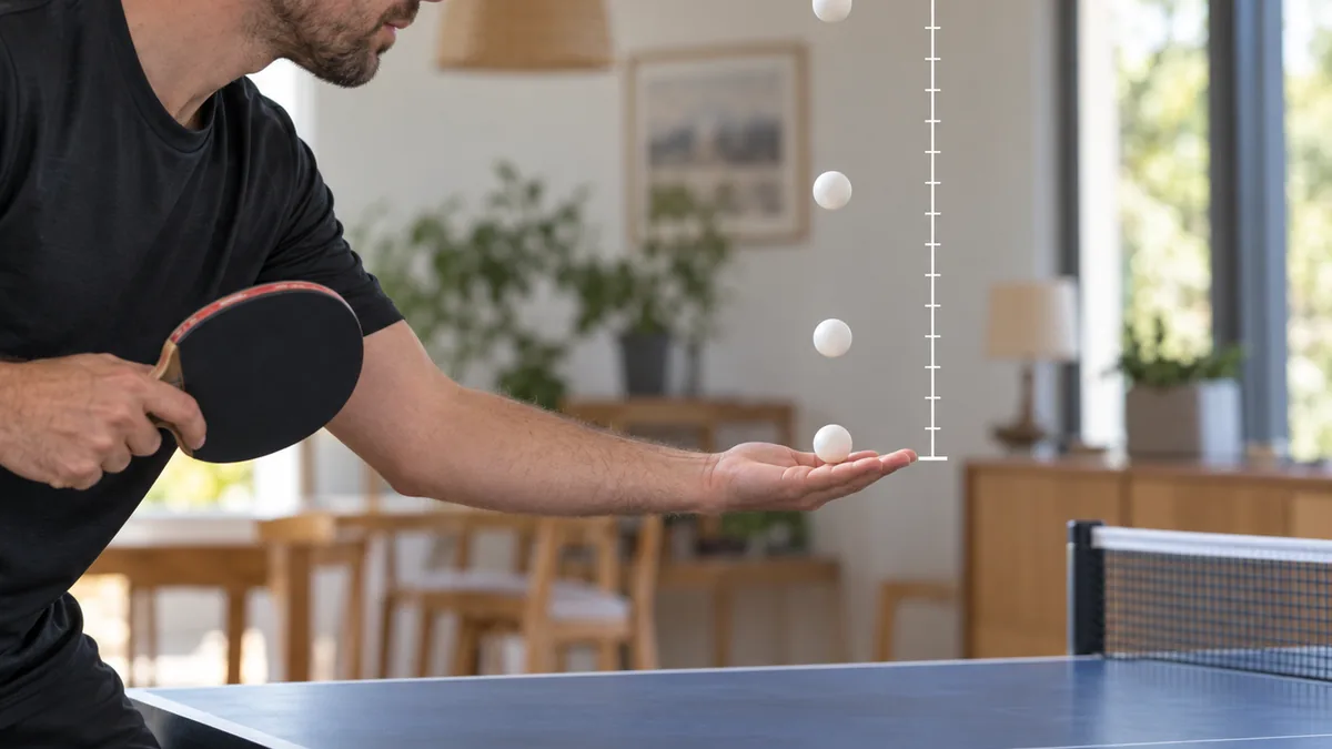 Joueur lançant verticalement une balle depuis sa paume ouverte pour servir au ping-pong