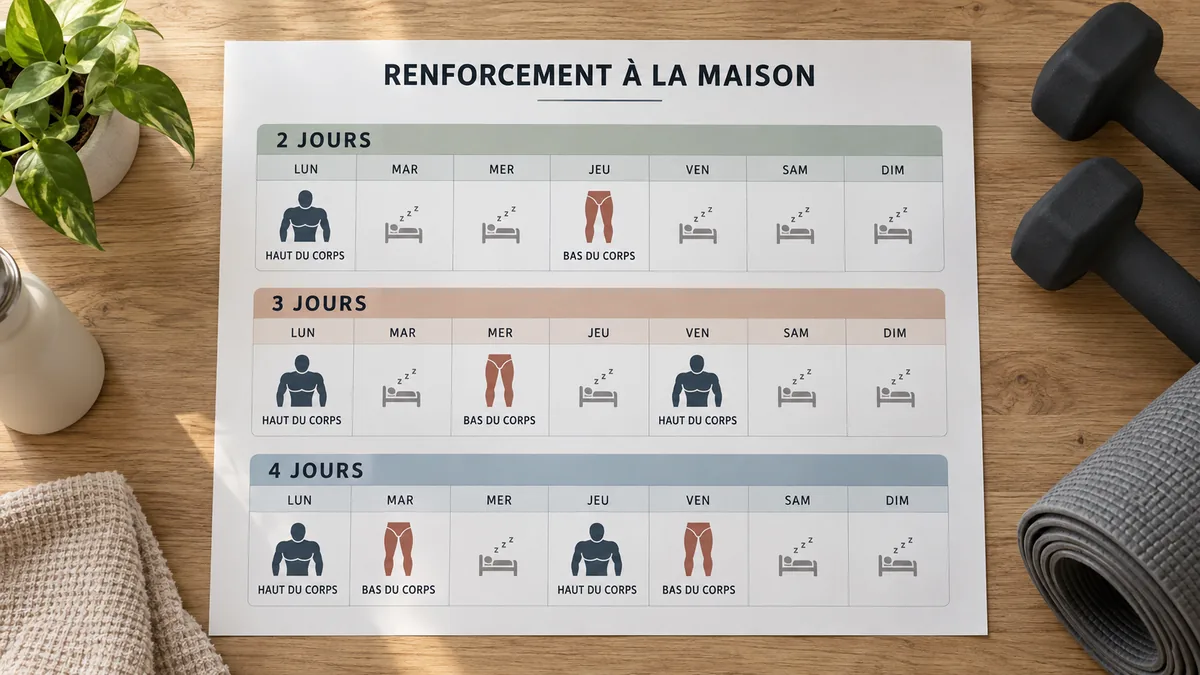 Programme hebdomadaire de renforcement musculaire à la maison avec deux, trois ou quatre séances