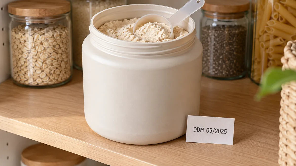 Protéine en poudre périmée avec date de durabilité minimale visible