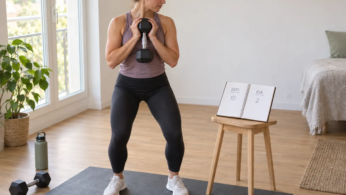 Pratiquante évaluant ses répétitions en réserve pendant une série de squat à domicile