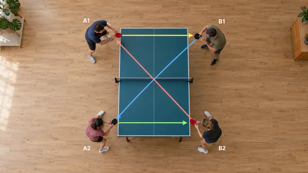 Schéma de la rotation du service entre quatre joueurs de ping-pong en double