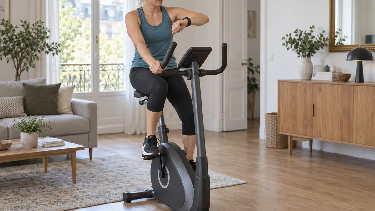 Cycliste évaluant sa fréquence cardiaque et son effort sur un vélo d’appartement