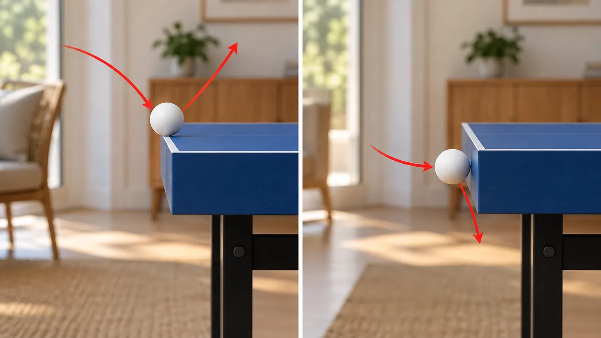 Comparaison entre une balle touchant l’arête supérieure et une balle frappant le côté vertical d’une table de ping-pong