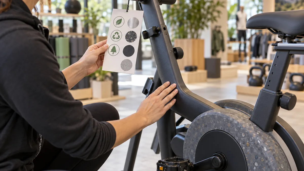 Acheteur vérifiant les allégations environnementales d’un vélo d’appartement
