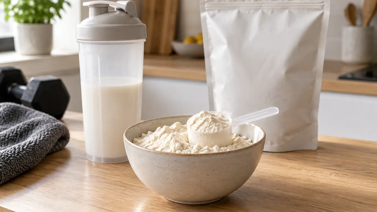 Poudre de whey protéine issue du lactosérum dans un récipient