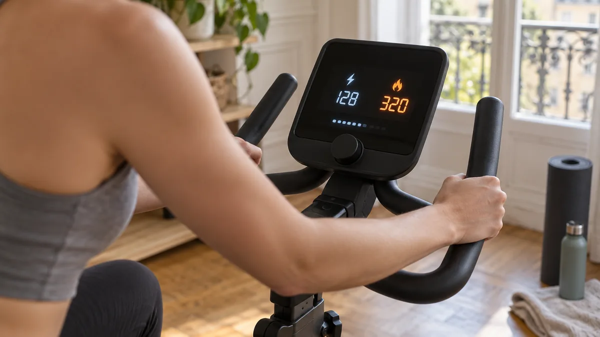 Console d'un vélo d'appartement affichant les watts et les calories en cours de séance
