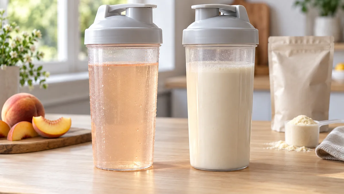 Shaker de clear whey translucide à côté d'un shake de whey crémeux