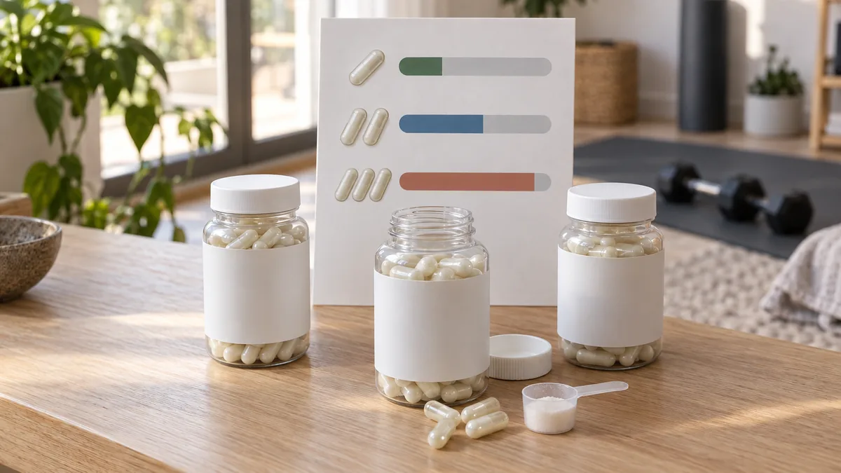 Flacons de créatine en capsules comparés selon leur dosage
