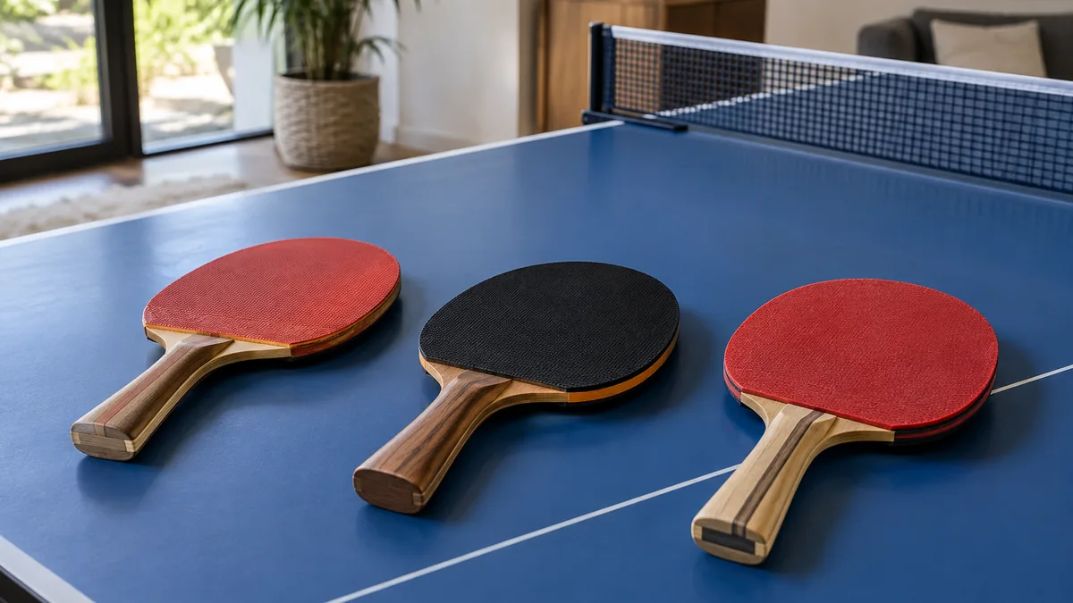 Comparatif de trois raquettes de ping pong professionnelles sur une table