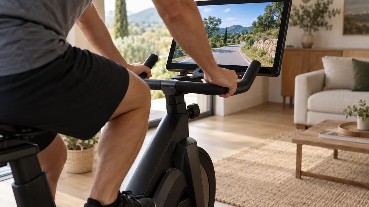 Comparatif vélo d'appartement connecté avec écran tactile affichant un parcours vidéo