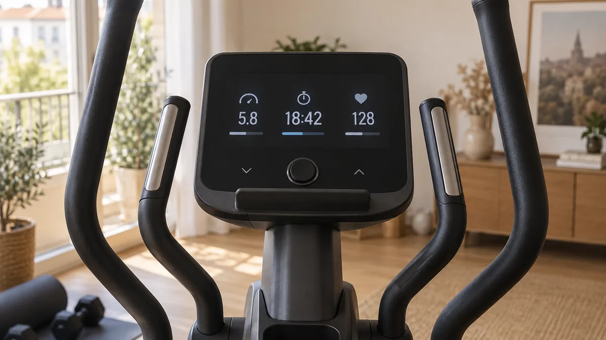 Console rétroéclairée d'un vélo elliptique Moovyoo affichant vitesse, temps et fréquence cardiaque