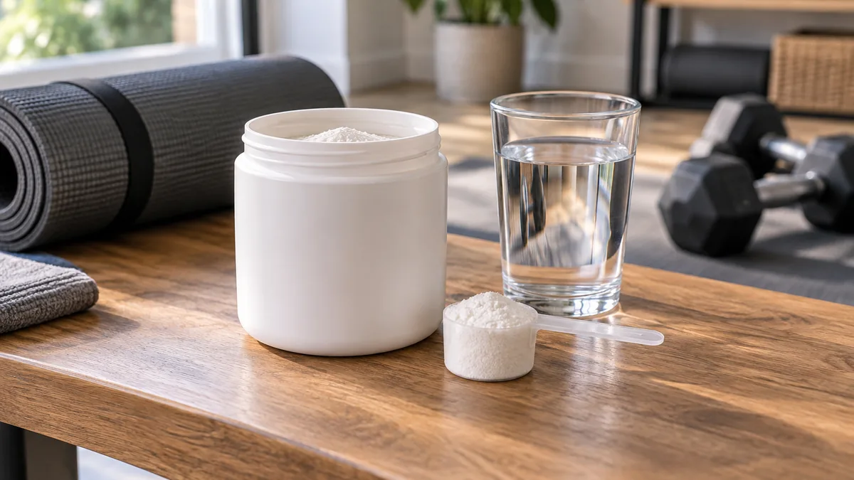 Pot et dose de créatine femme en poudre à côté d’un verre d’eau