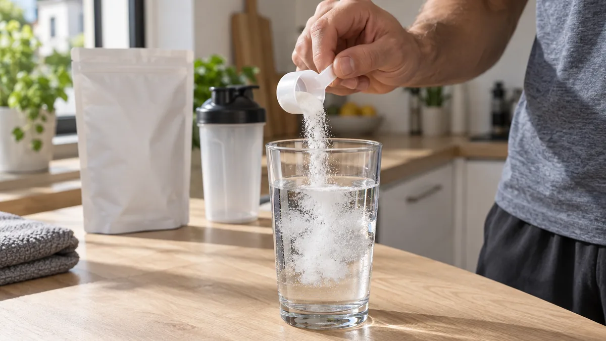 Créatine monohydrate Nutrimuscle versée dans un verre d’eau