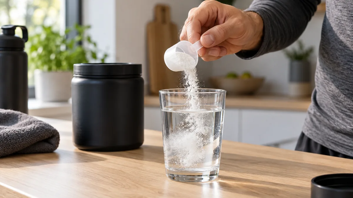 Créatine monohydrate Optimum Nutrition versée dans un verre d'eau