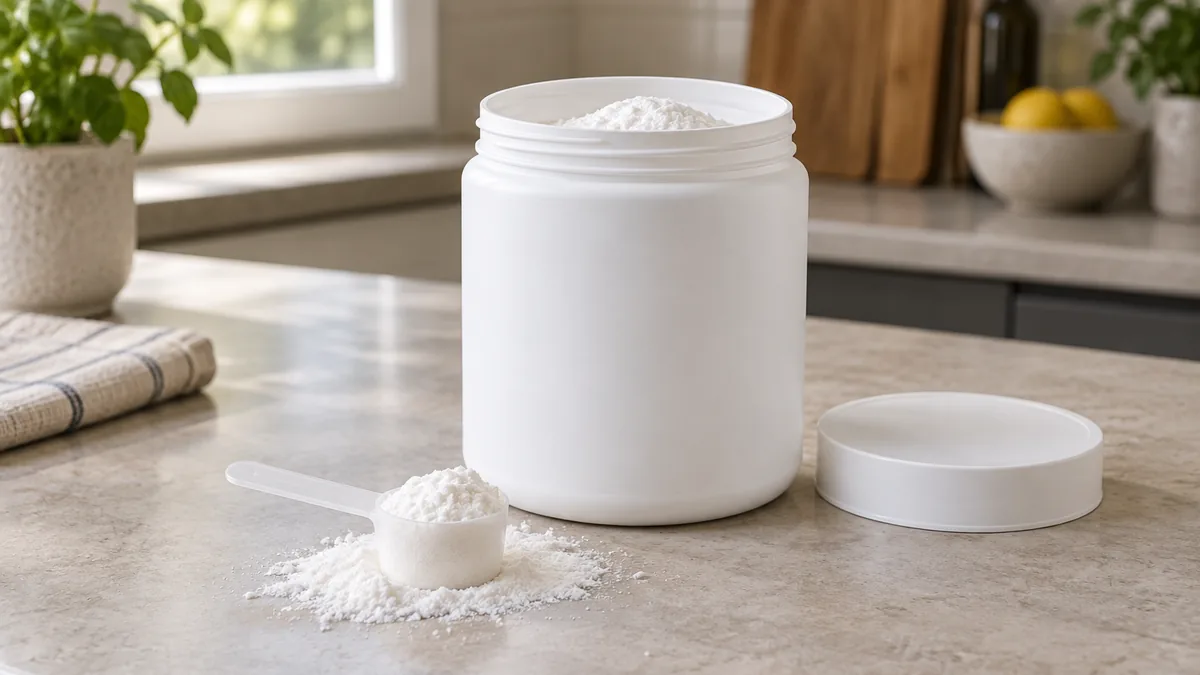 Pot de créatine Nutrimuscle en poudre avec une dosette