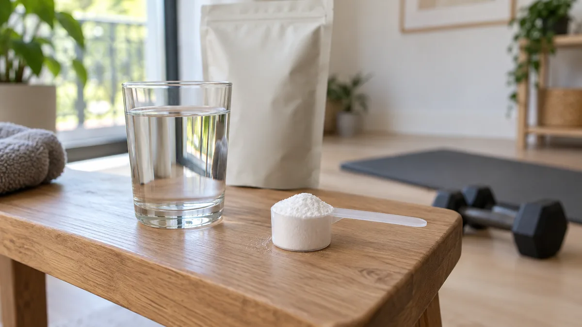 Dosette de créatine monohydrate Nutripure en poudre près d’un verre d’eau