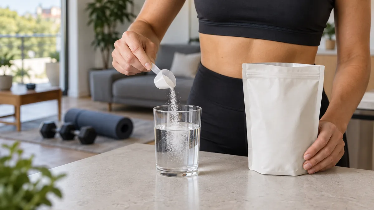 Dose de créatine pour femme versée dans une boisson avant un entraînement à domicile