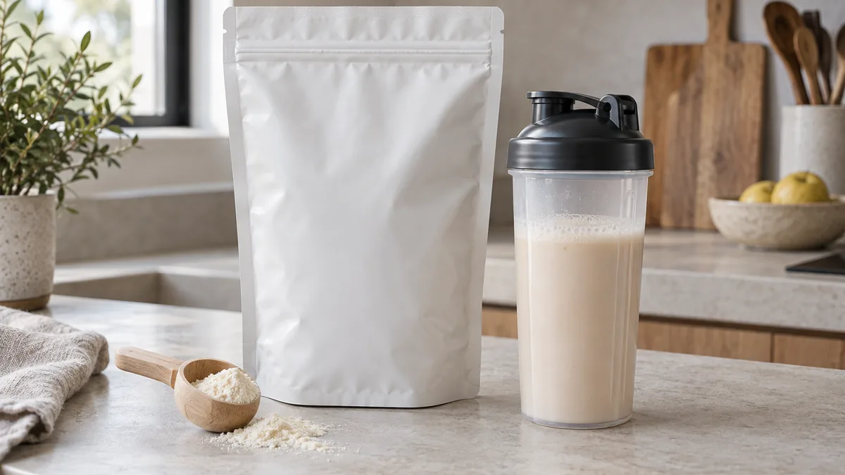 Sachet de Decathlon whey Corength avec un shaker de protéine