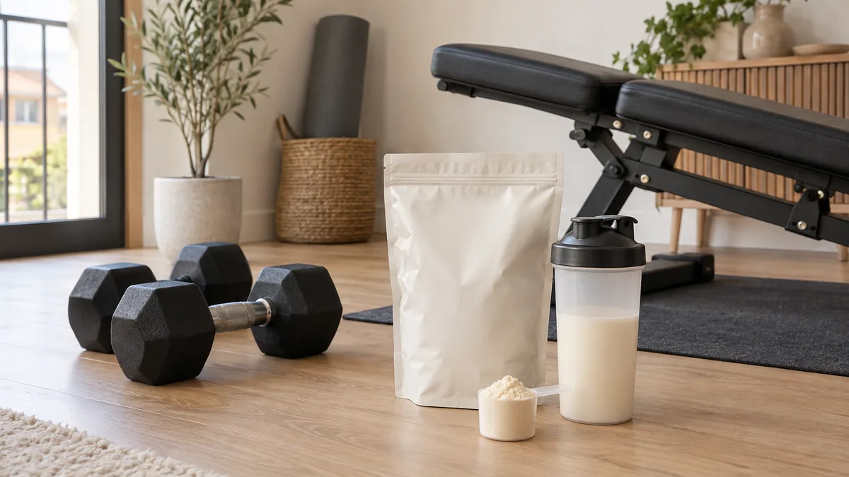 Poudre et shaker Eric Favre Iso Zero Whey après un entraînement à domicile
