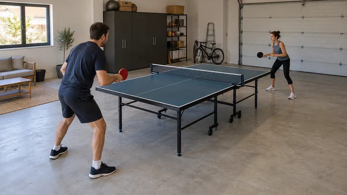 Table de ping pong aux dimensions réglementaires installée dans un garage avec l'espace de recul autour