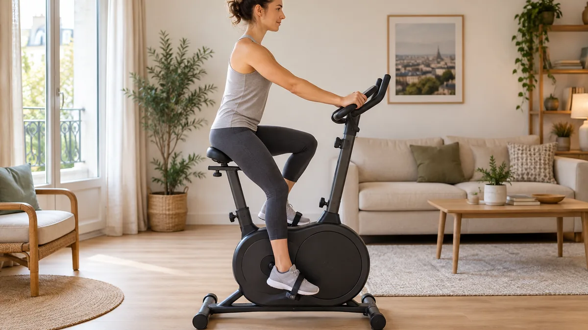 Femme réalisant un exercice sur vélo d'appartement dans son salon, selle réglée à bonne hauteur