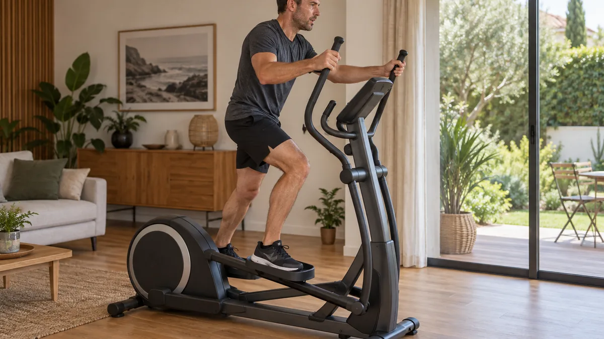 Homme en séance de HIIT sur vélo elliptique, en plein effort sur une fraction intense