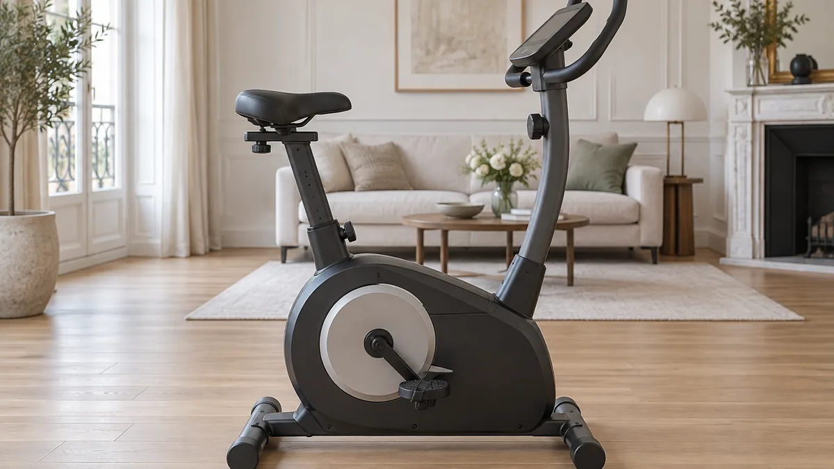 Meilleur vélo d'appartement installé dans un salon, vu de profil avec sa console