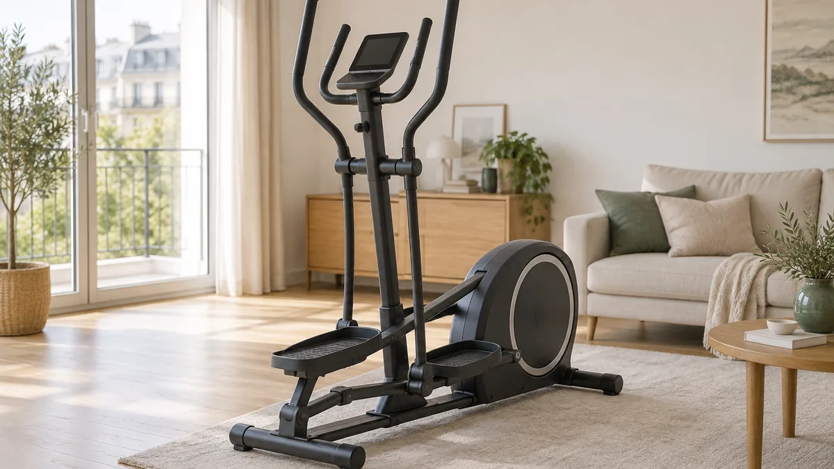 Meilleur vélo elliptique installé dans un salon, poignées mobiles et console visibles