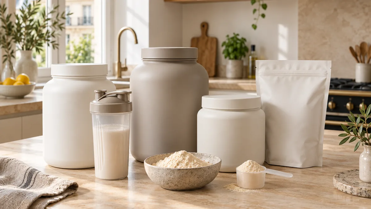 Sélection de protéines en poudre avec whey isolate et protéine végétale