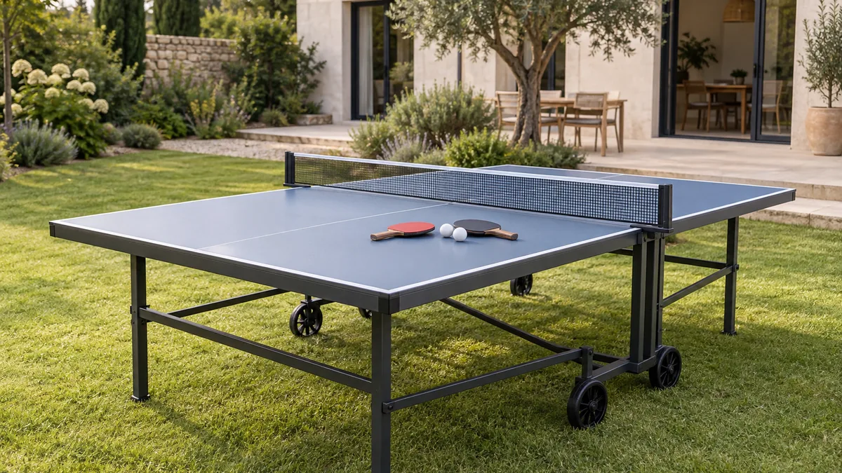 Meilleure table de ping pong extérieur dépliée dans un jardin avec raquettes et balles