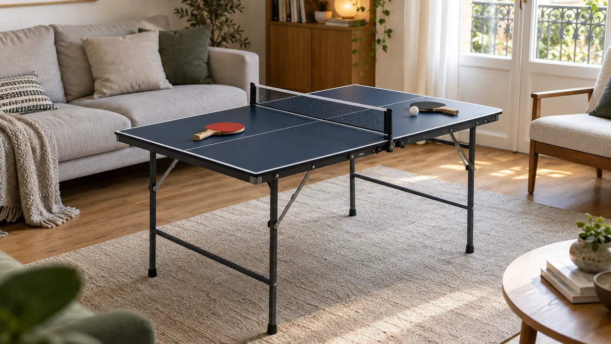 Mini table de ping pong pliable installée dans un salon avec deux raquettes et une balle