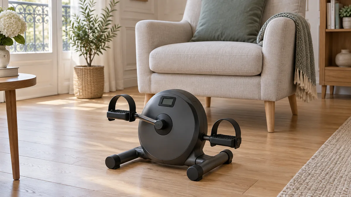 Mini vélo d'appartement de type pédalier posé devant un fauteuil de salon