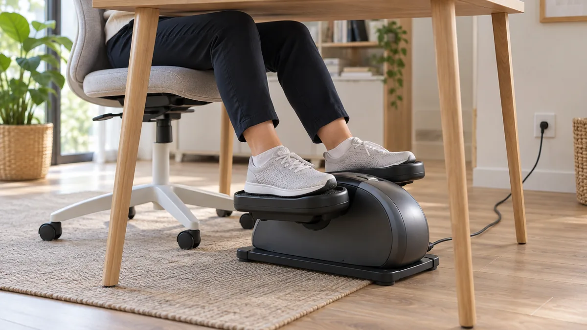 Mini vélo elliptique posé sous un bureau, pieds sur les pédales pendant le télétravail