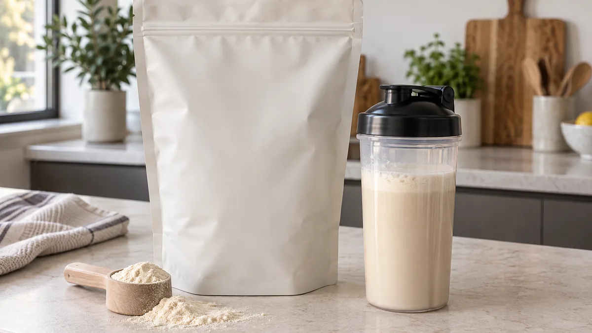 Sachet de Myprotein Whey accompagné d’un shaker de protéine