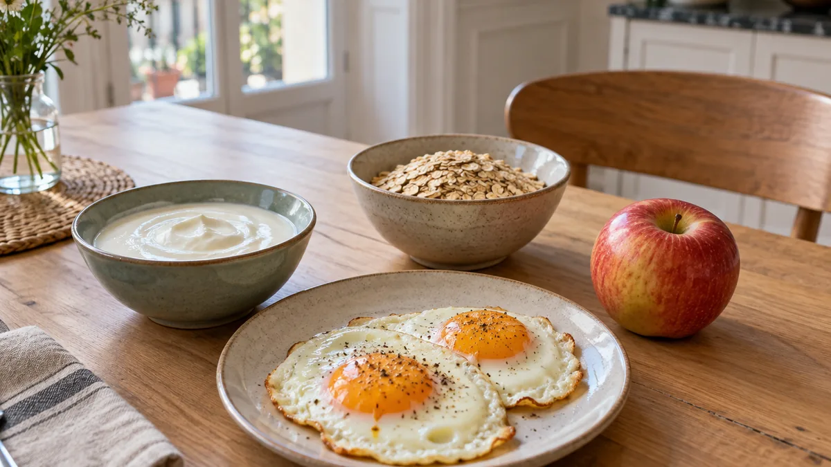 Petit déjeuner protéiné pour maigrir avec œufs, yaourt nature et fruit