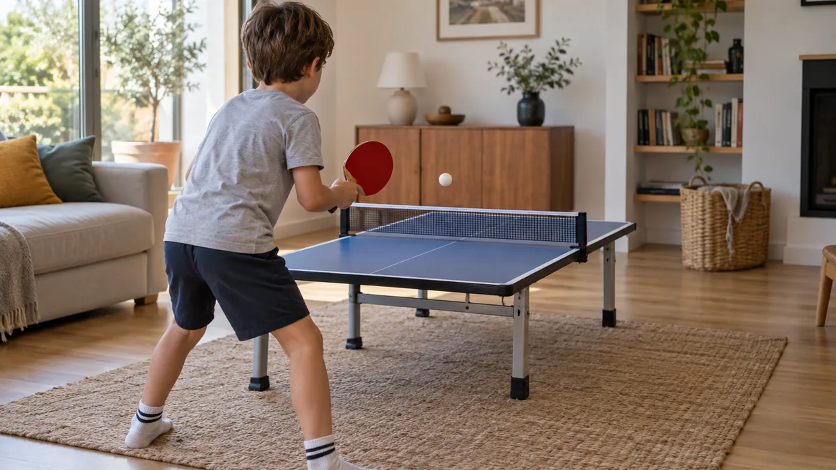 Enfant jouant sur une petite table de ping pong réglée en hauteur