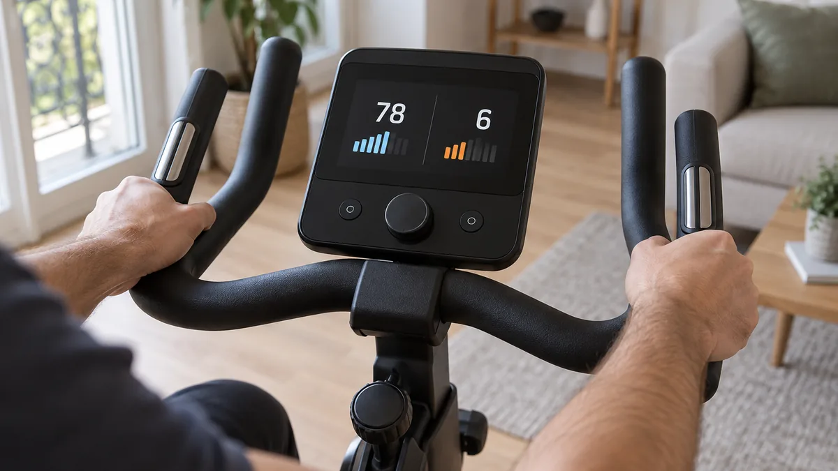 Console d'un vélo d'appartement affichant la cadence et le niveau de résistance pendant une séance de fractionné