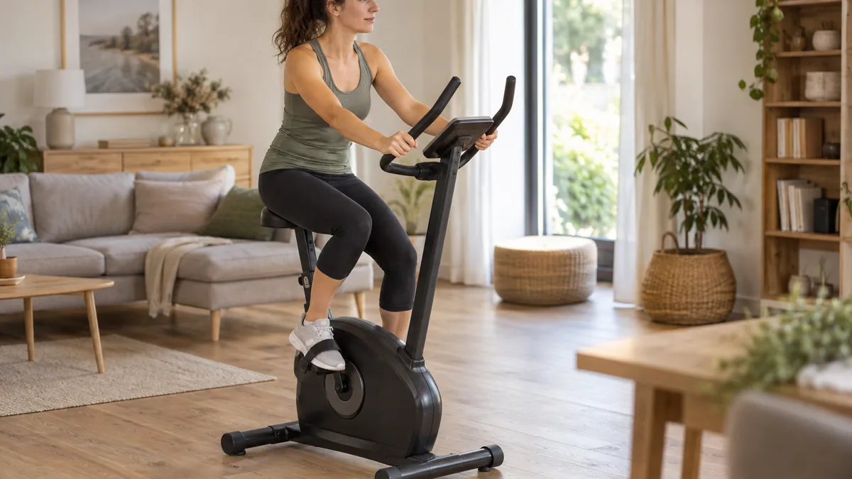 Femme pratiquant une séance de son programme vélo d'appartement dans son salon