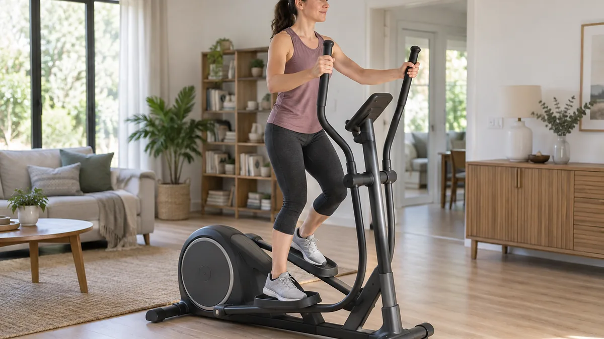 Femme suivant un programme pour vélo elliptique débutant dans son salon, dos droit et mains sur les poignées mobiles