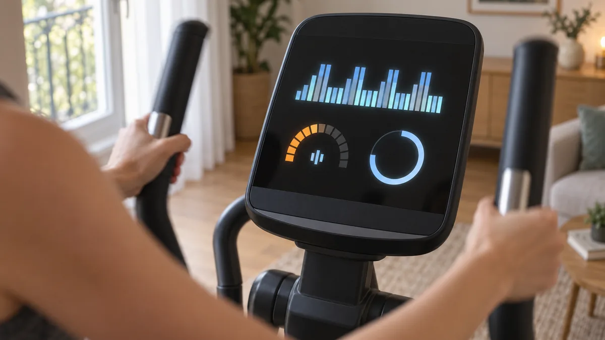Console d'un vélo elliptique affichant un programme fractionné avec niveau de résistance et temps restant
