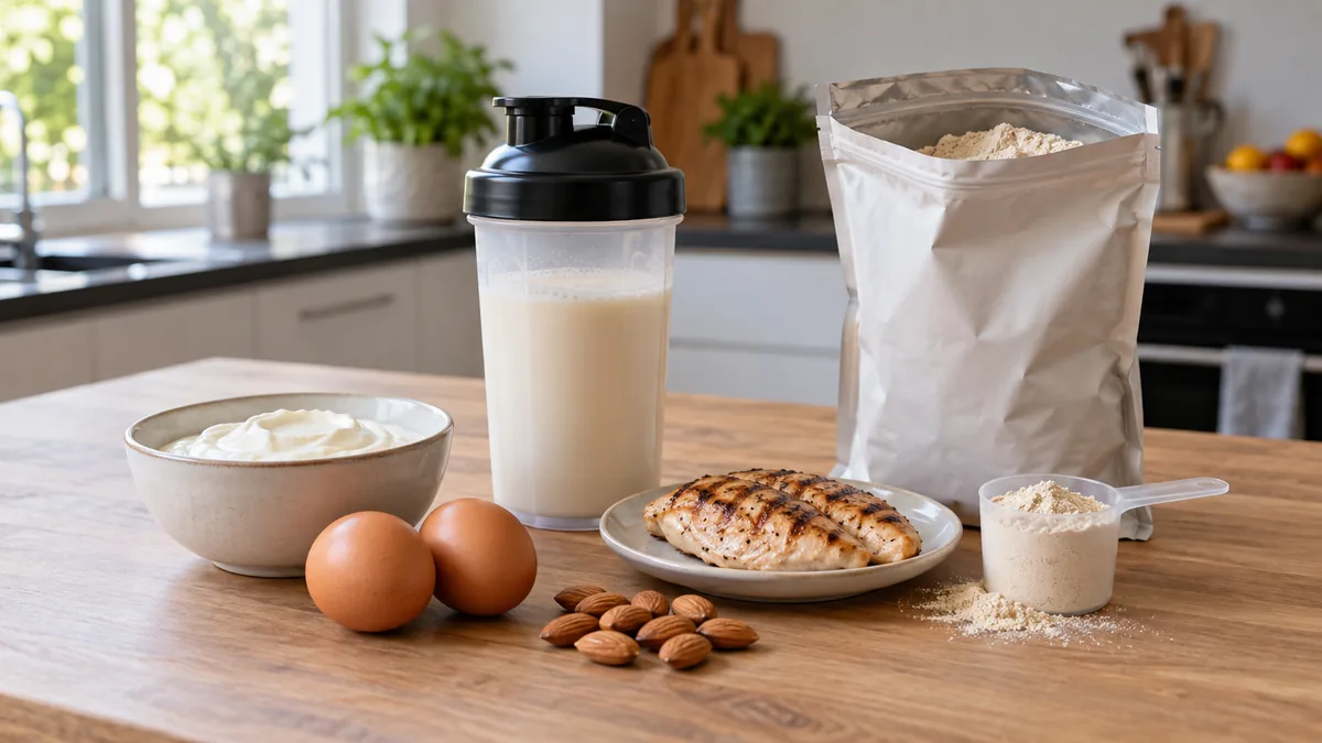 Shaker de protéine pour prise de masse accompagné d’aliments protéinés