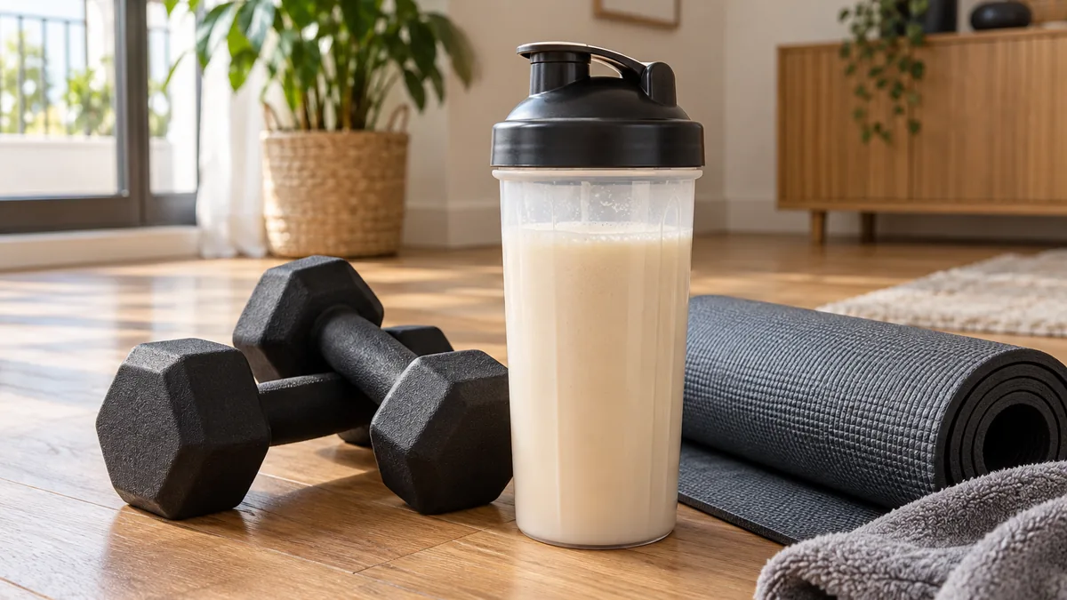 Shaker de whey préparé à côté de matériel de musculation à domicile