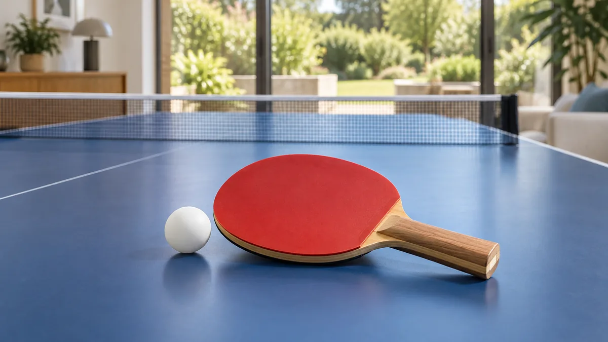 Raquette de ping pong Decathlon Pongori avec balle sur une table