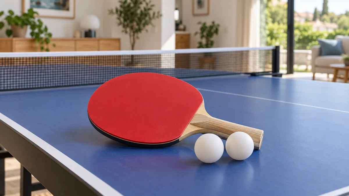 Raquette de ping pong Stiga posée près d'une table et de balles