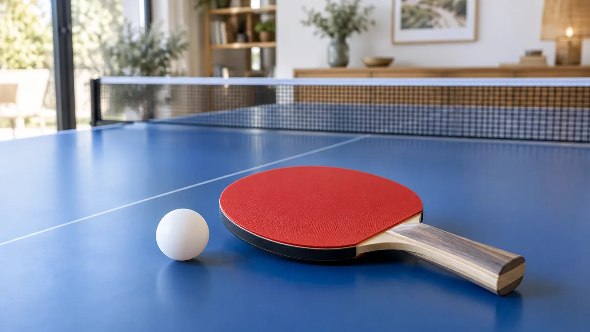 Raquette de ping pong Tibhar posée sur une table de tennis de table