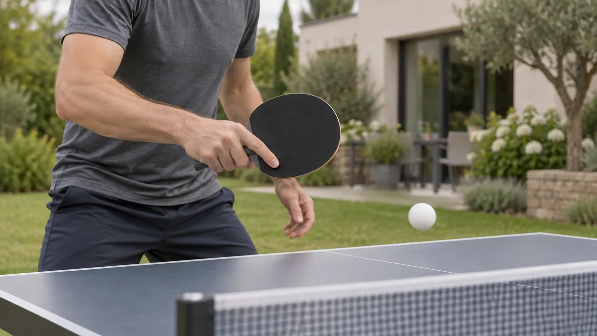 Raquette de tennis de table Cornilleau utilisée sur une table extérieure
